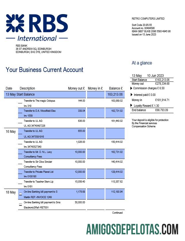 Em branco Extrato de conta corrente comercial do RBS Bank modelo Word e PDF